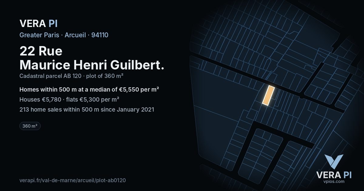 22 Rue Maurice Henri Guilbert, Arcueil at night – the plot lit, the parcels around coloured by the prices near them
