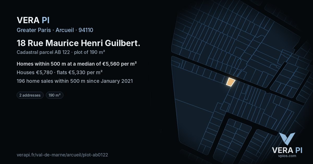 18 Rue Maurice Henri Guilbert, Arcueil at night – the plot lit, the parcels around coloured by the prices near them