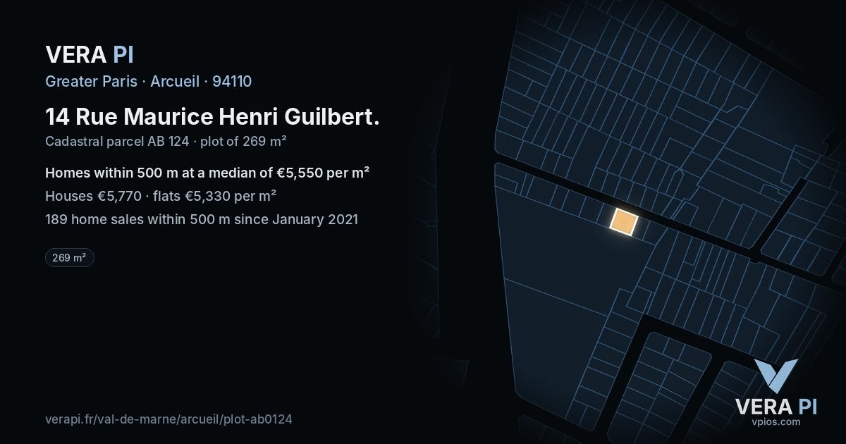 14 Rue Maurice Henri Guilbert, Arcueil at night – the plot lit, the parcels around coloured by the prices near them
