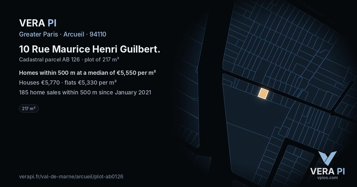 10 Rue Maurice Henri Guilbert, Arcueil at night – the plot lit, the parcels around coloured by the prices near them
