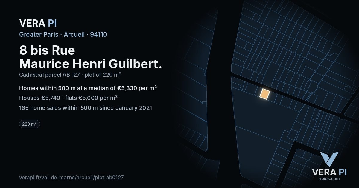 8 bis Rue Maurice Henri Guilbert, Arcueil at night – the plot lit, the parcels around coloured by the prices near them