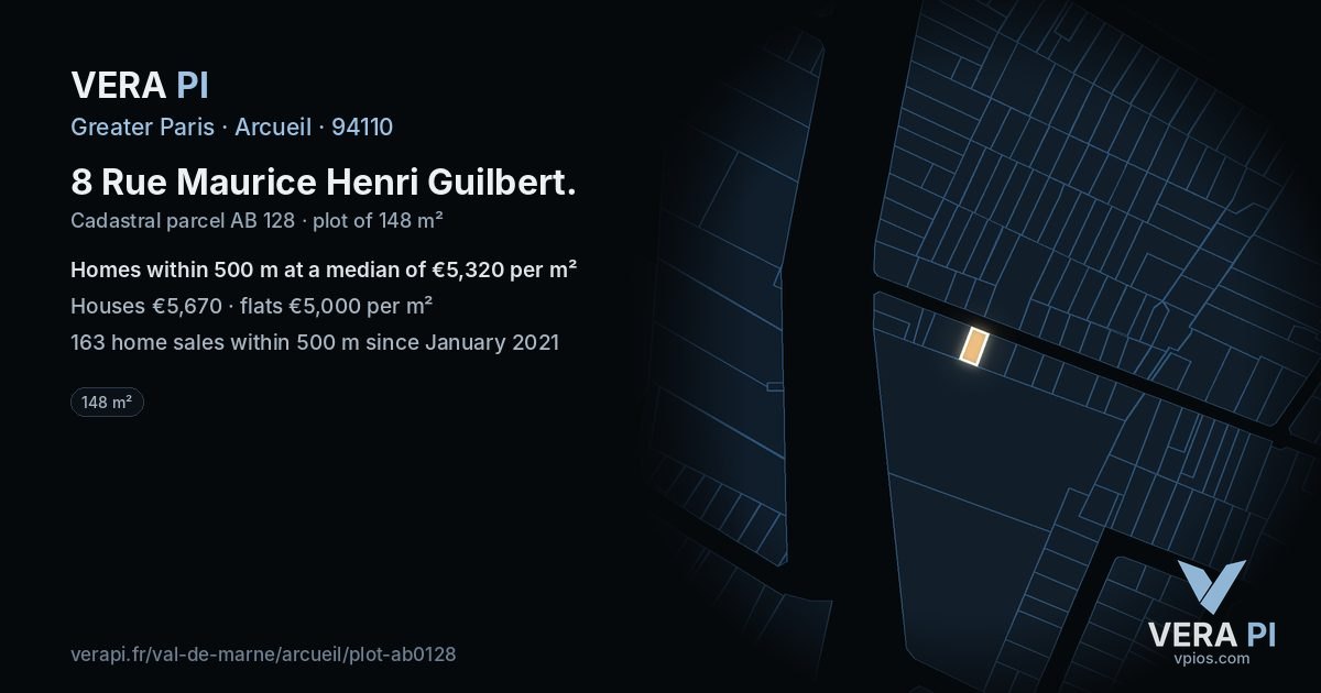 8 Rue Maurice Henri Guilbert, Arcueil at night – the plot lit, the parcels around coloured by the prices near them