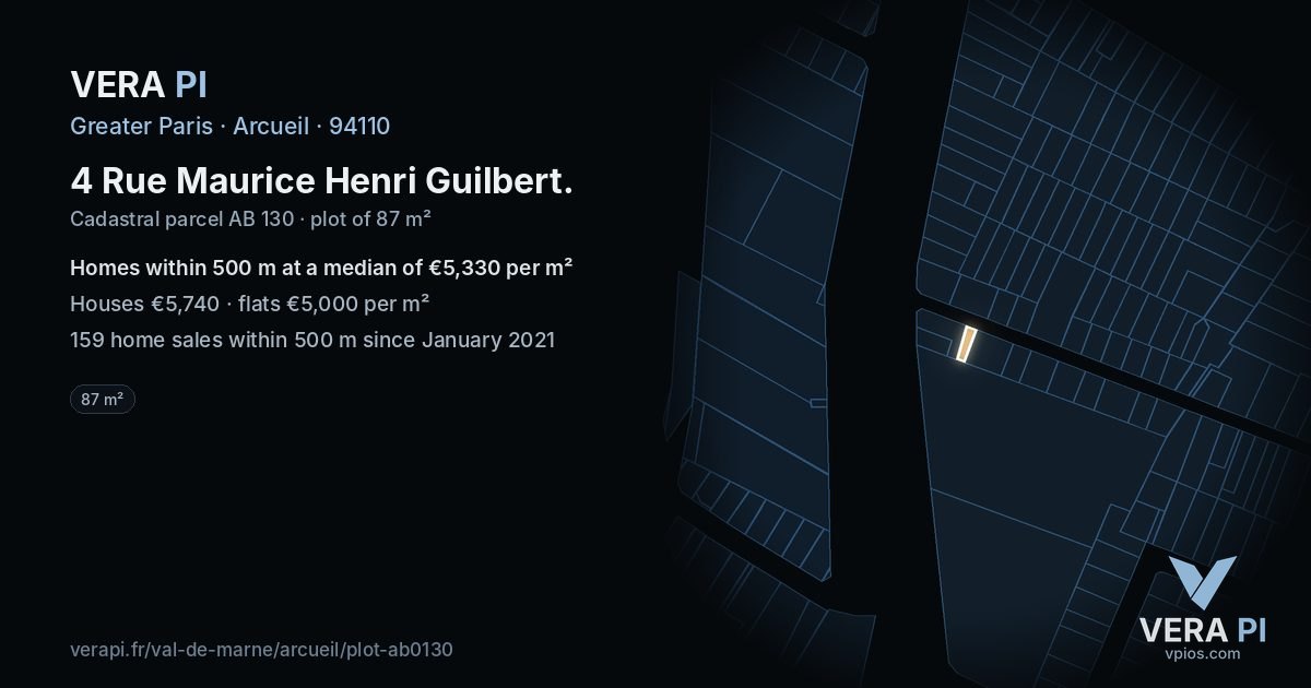 4 Rue Maurice Henri Guilbert, Arcueil at night – the plot lit, the parcels around coloured by the prices near them