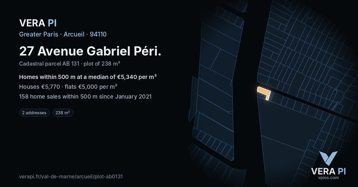 27 Avenue Gabriel Péri, Arcueil at night – the plot lit, the parcels around coloured by the prices near them