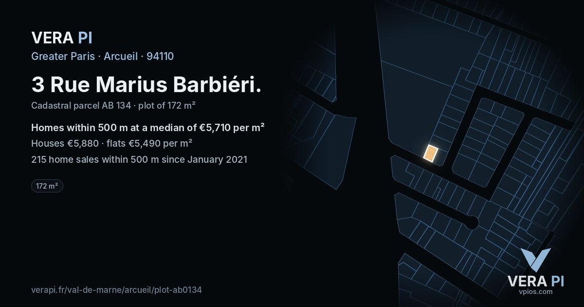 3 Rue Marius Barbiéri, Arcueil at night – the plot lit, the parcels around coloured by the prices near them