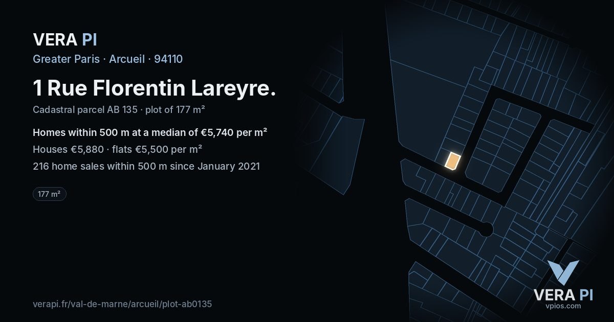 1 Rue Florentin Lareyre, Arcueil at night – the plot lit, the parcels around coloured by the prices near them
