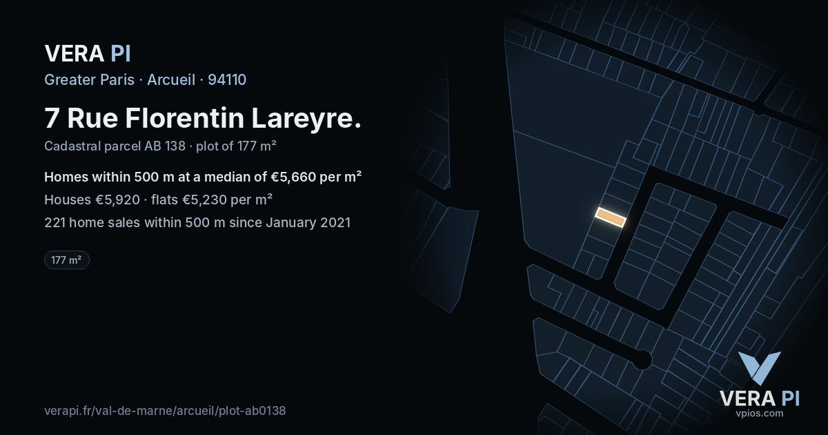 7 Rue Florentin Lareyre, Arcueil at night – the plot lit, the parcels around coloured by the prices near them