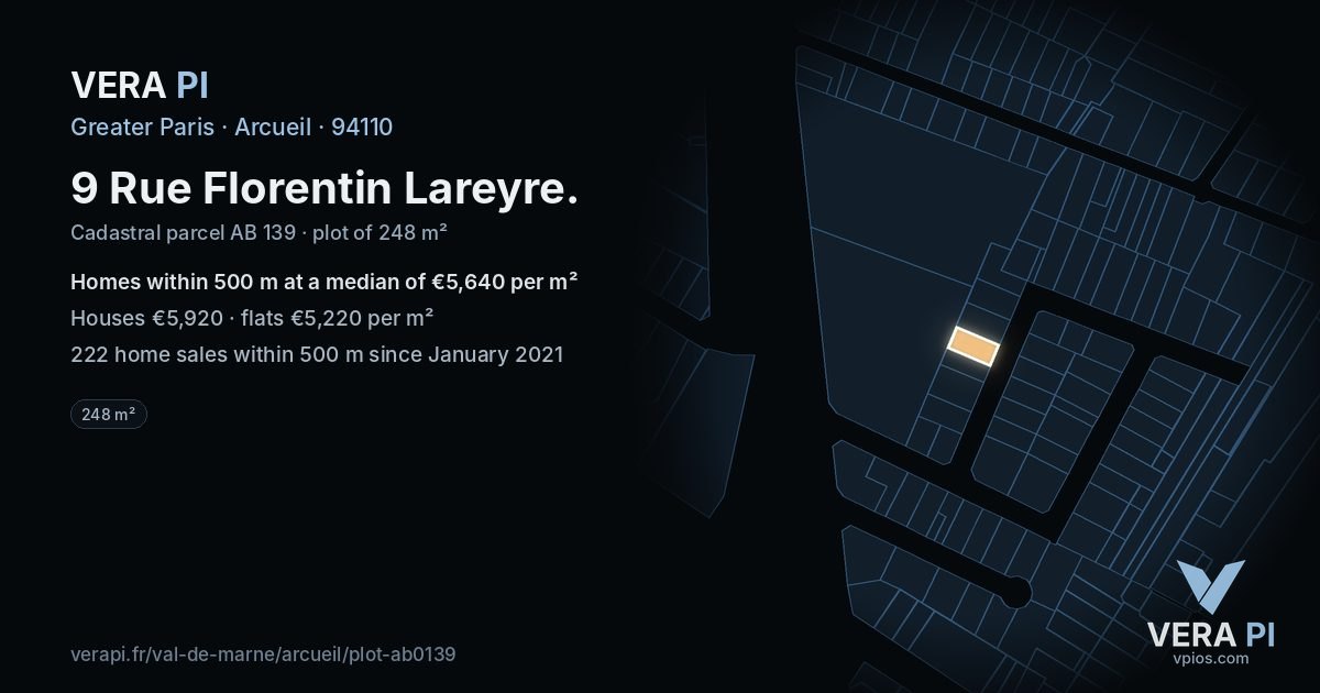 9 Rue Florentin Lareyre, Arcueil at night – the plot lit, the parcels around coloured by the prices near them