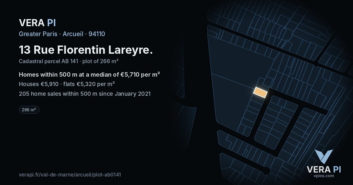 13 Rue Florentin Lareyre, Arcueil at night – the plot lit, the parcels around coloured by the prices near them