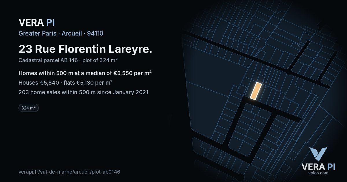 23 Rue Florentin Lareyre, Arcueil at night – the plot lit, the parcels around coloured by the prices near them
