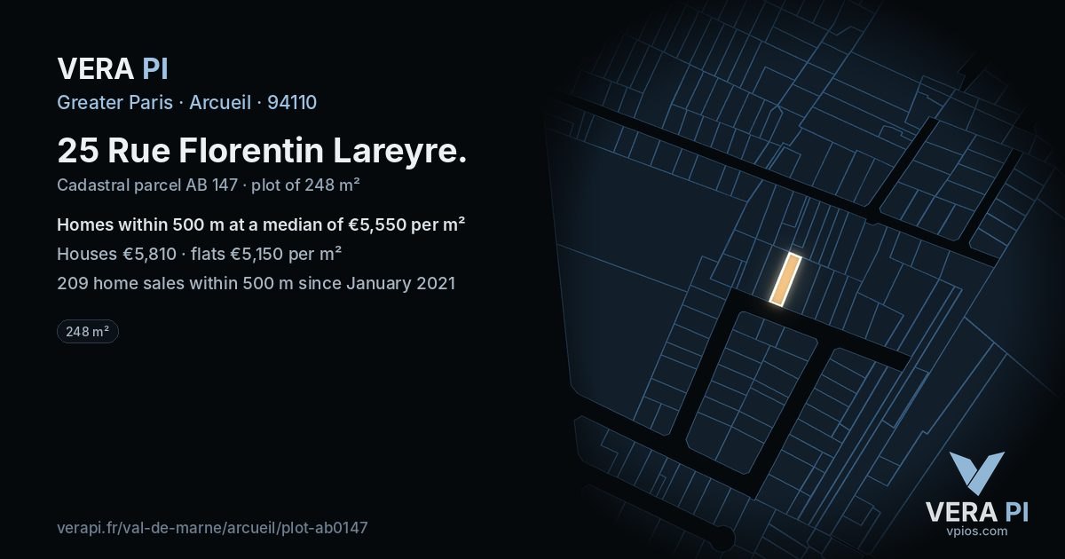 25 Rue Florentin Lareyre, Arcueil at night – the plot lit, the parcels around coloured by the prices near them