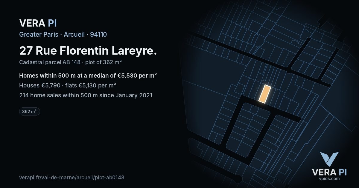 27 Rue Florentin Lareyre, Arcueil at night – the plot lit, the parcels around coloured by the prices near them