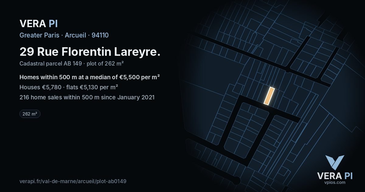 29 Rue Florentin Lareyre, Arcueil at night – the plot lit, the parcels around coloured by the prices near them
