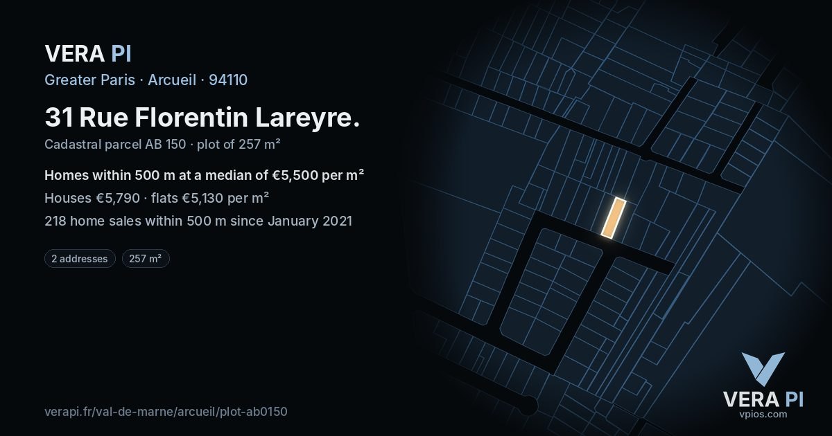 31 Rue Florentin Lareyre, Arcueil at night – the plot lit, the parcels around coloured by the prices near them