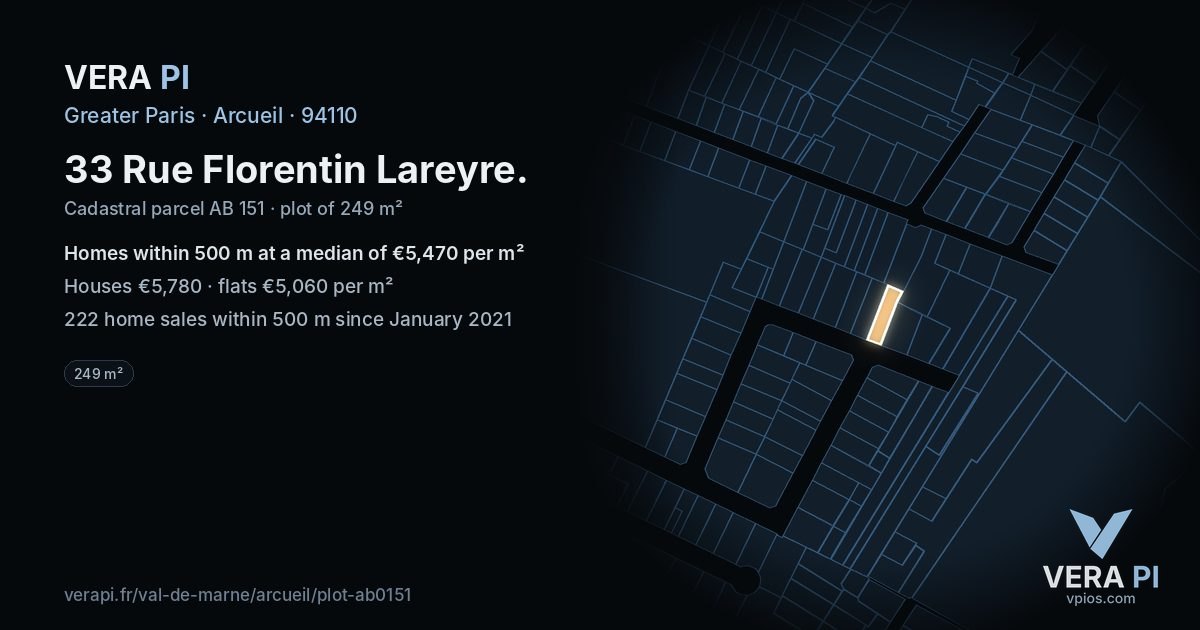 33 Rue Florentin Lareyre, Arcueil at night – the plot lit, the parcels around coloured by the prices near them