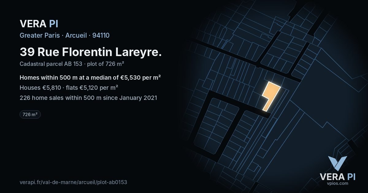 39 Rue Florentin Lareyre, Arcueil at night – the plot lit, the parcels around coloured by the prices near them