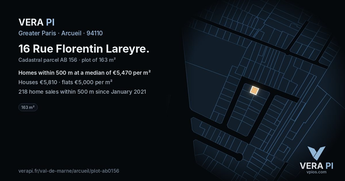 16 Rue Florentin Lareyre, Arcueil at night – the plot lit, the parcels around coloured by the prices near them
