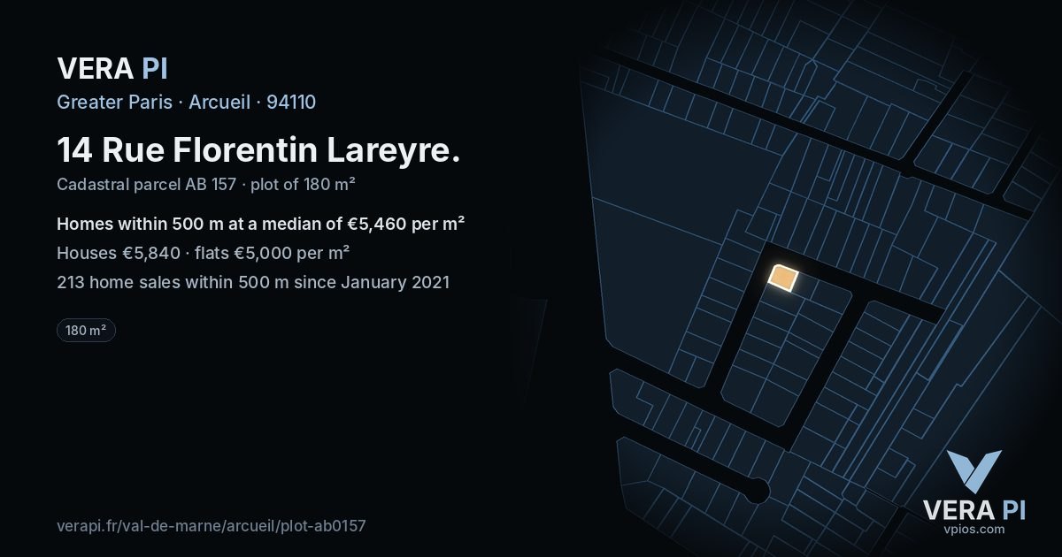 14 Rue Florentin Lareyre, Arcueil at night – the plot lit, the parcels around coloured by the prices near them