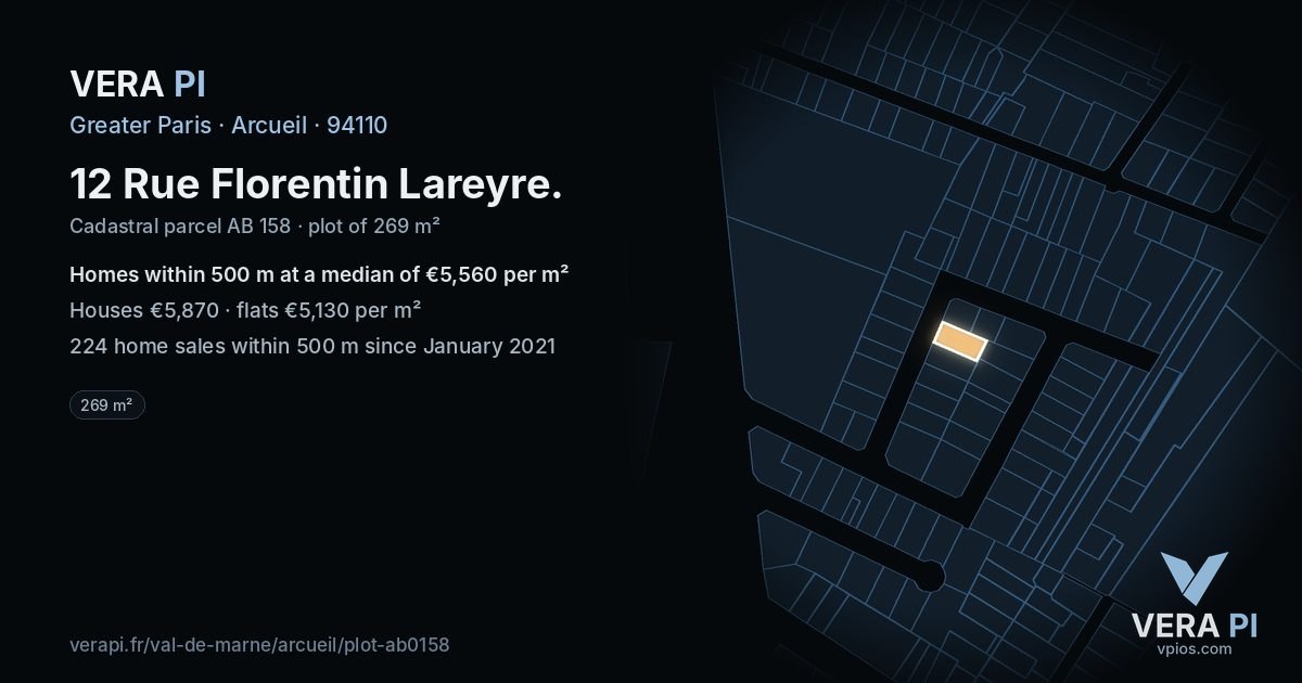 12 Rue Florentin Lareyre, Arcueil at night – the plot lit, the parcels around coloured by the prices near them