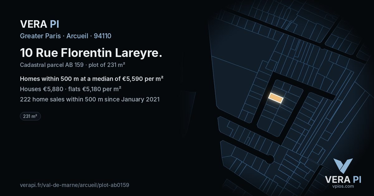 10 Rue Florentin Lareyre, Arcueil at night – the plot lit, the parcels around coloured by the prices near them