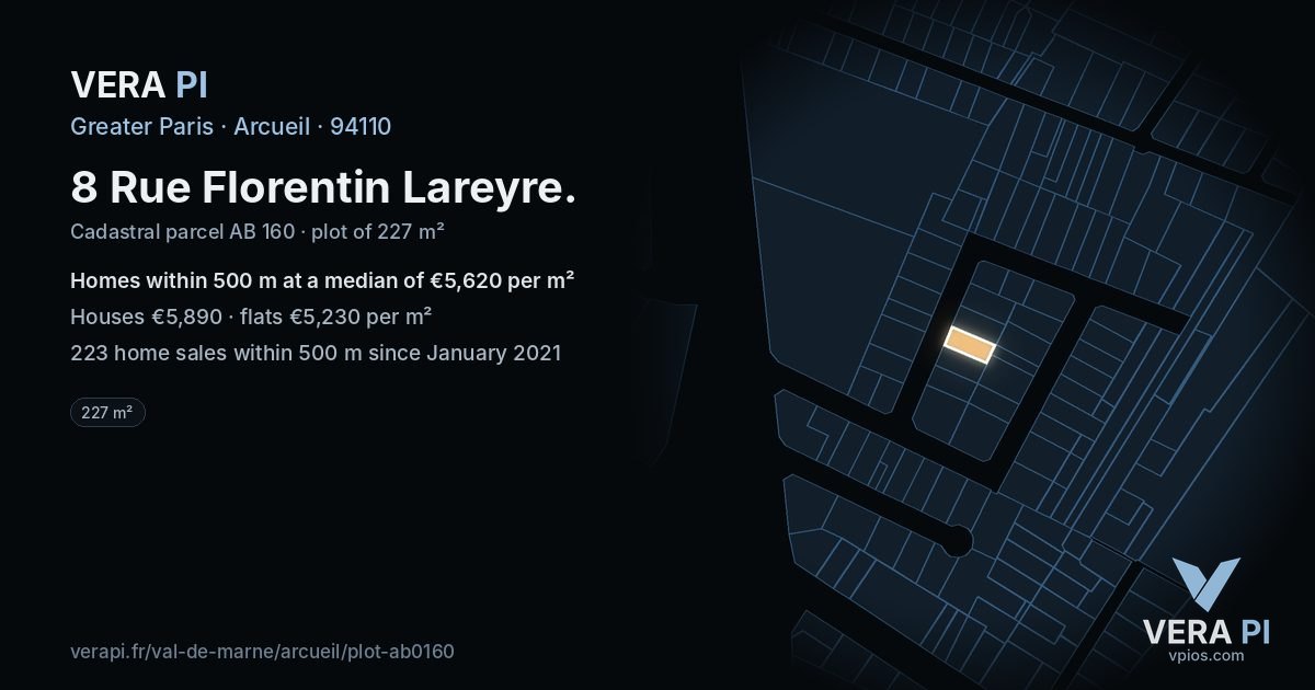 8 Rue Florentin Lareyre, Arcueil at night – the plot lit, the parcels around coloured by the prices near them