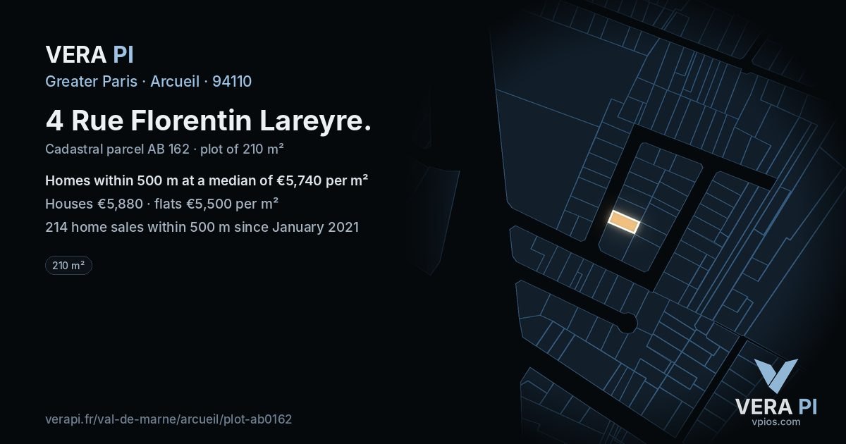 4 Rue Florentin Lareyre, Arcueil at night – the plot lit, the parcels around coloured by the prices near them