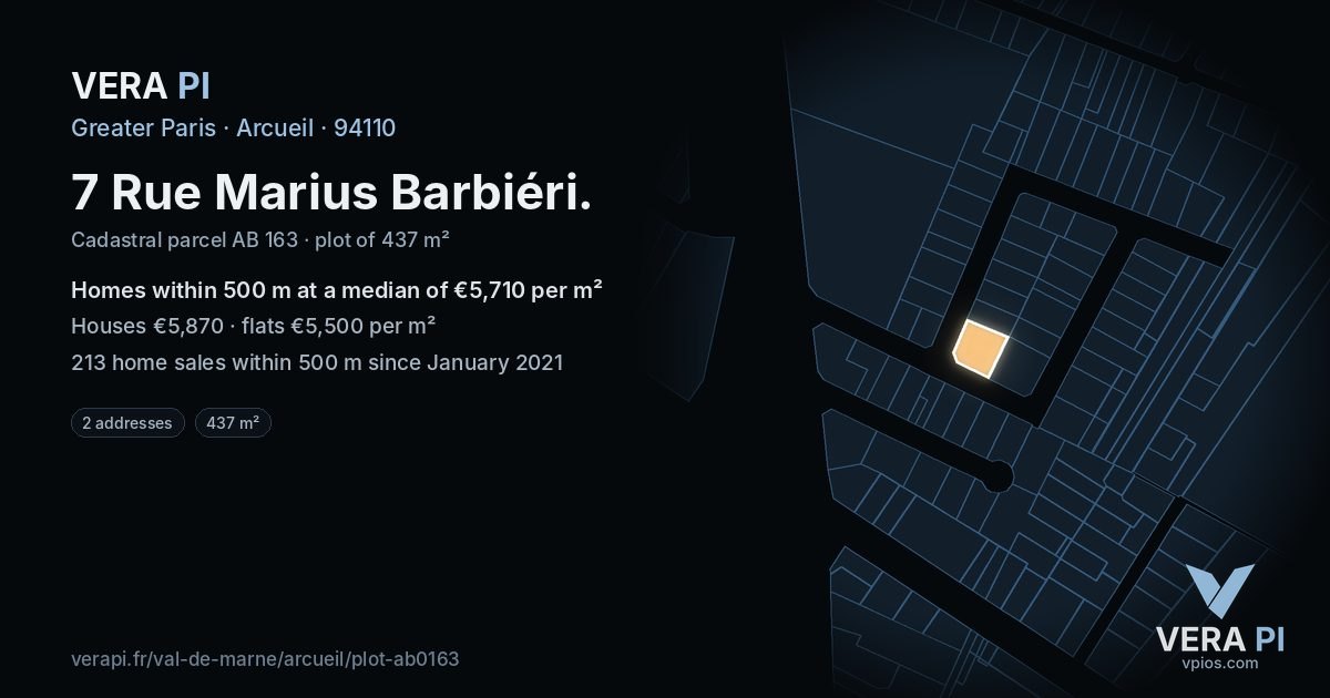 7 Rue Marius Barbiéri, Arcueil at night – the plot lit, the parcels around coloured by the prices near them