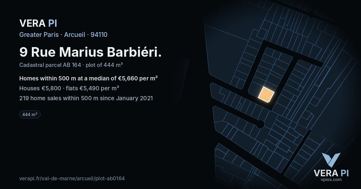 9 Rue Marius Barbiéri, Arcueil at night – the plot lit, the parcels around coloured by the prices near them