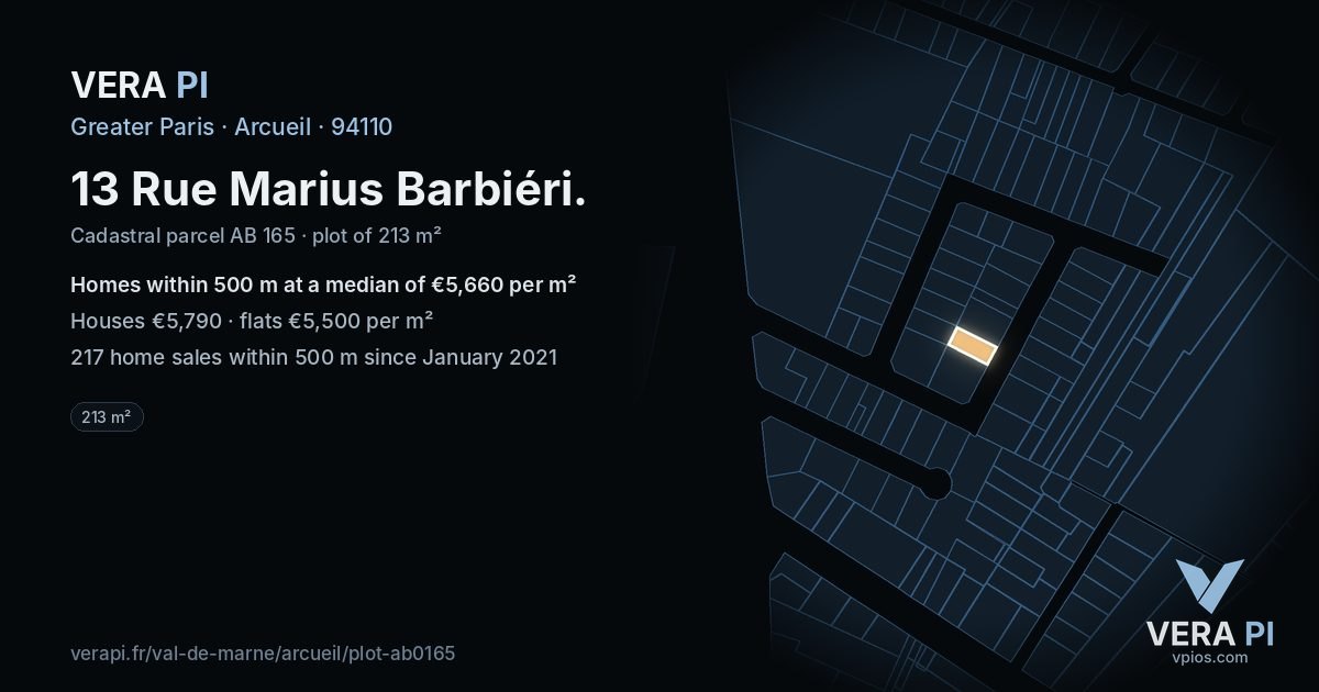 13 Rue Marius Barbiéri, Arcueil at night – the plot lit, the parcels around coloured by the prices near them