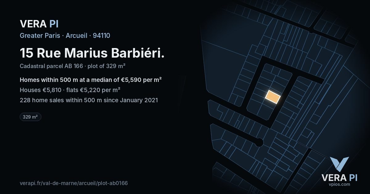15 Rue Marius Barbiéri, Arcueil at night – the plot lit, the parcels around coloured by the prices near them