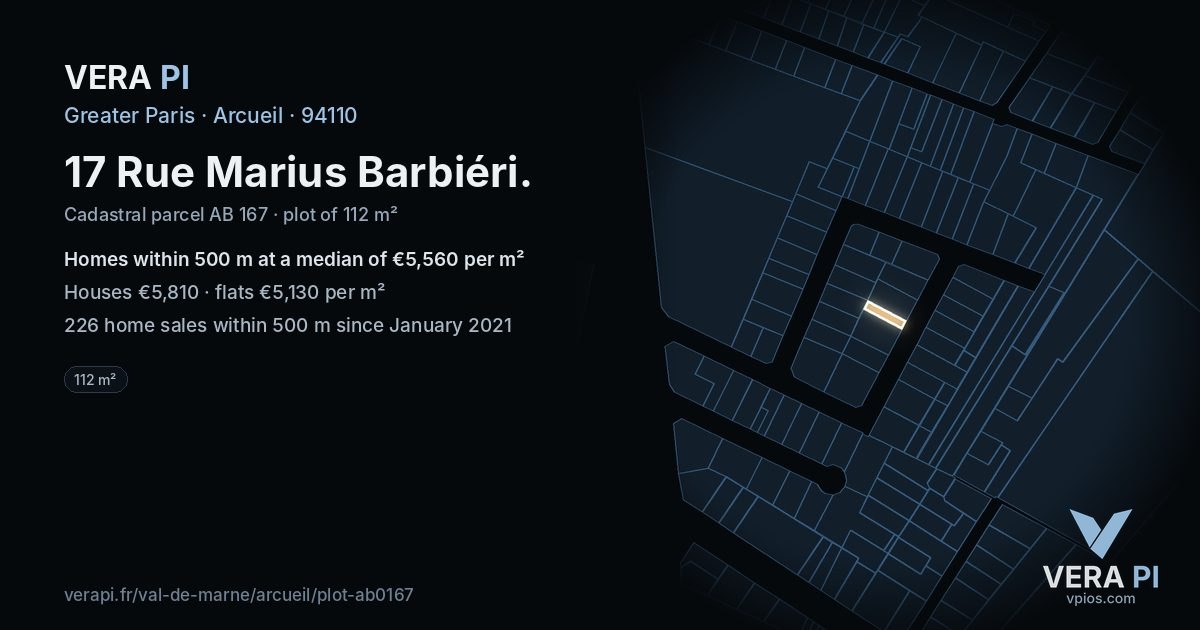 17 Rue Marius Barbiéri, Arcueil at night – the plot lit, the parcels around coloured by the prices near them