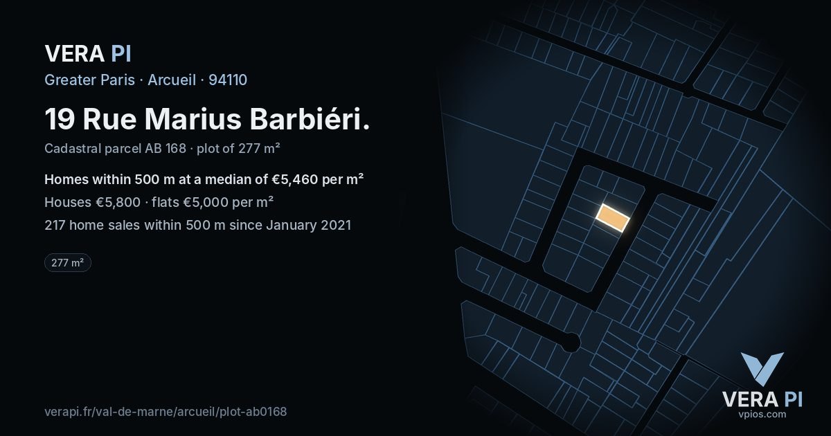 19 Rue Marius Barbiéri, Arcueil at night – the plot lit, the parcels around coloured by the prices near them