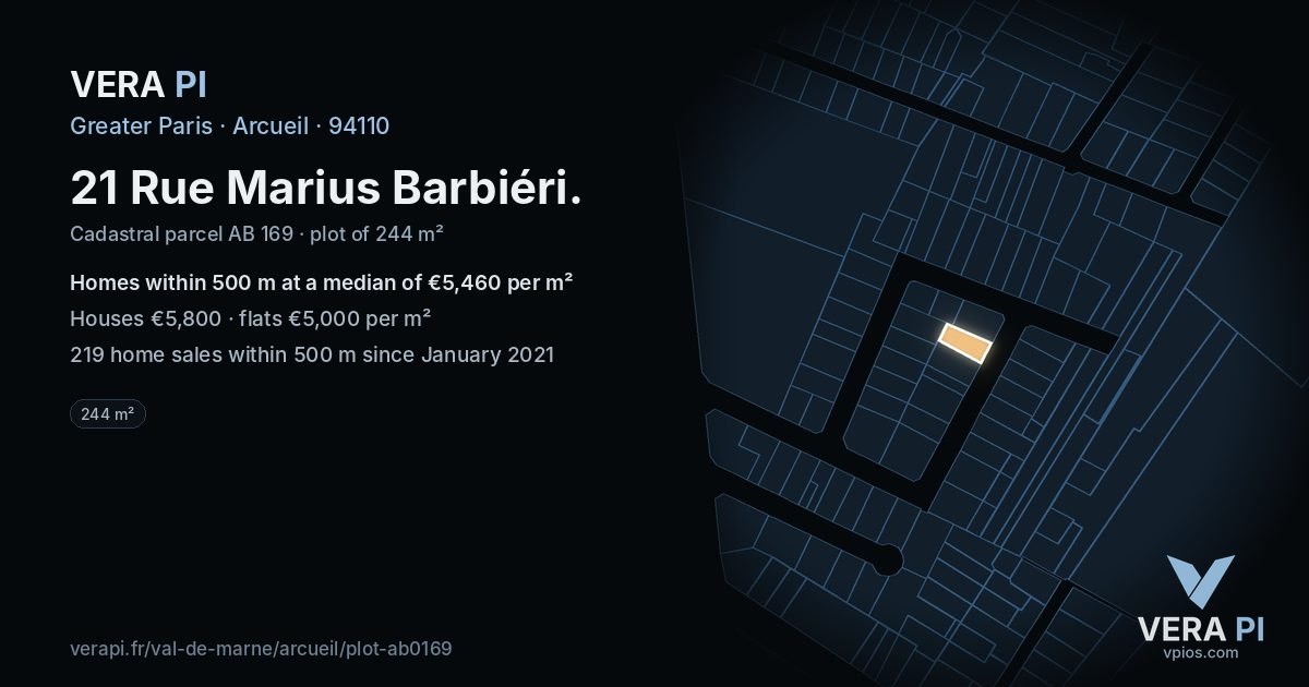 21 Rue Marius Barbiéri, Arcueil at night – the plot lit, the parcels around coloured by the prices near them