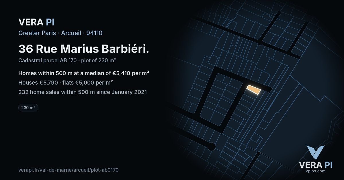 36 Rue Marius Barbiéri, Arcueil at night – the plot lit, the parcels around coloured by the prices near them