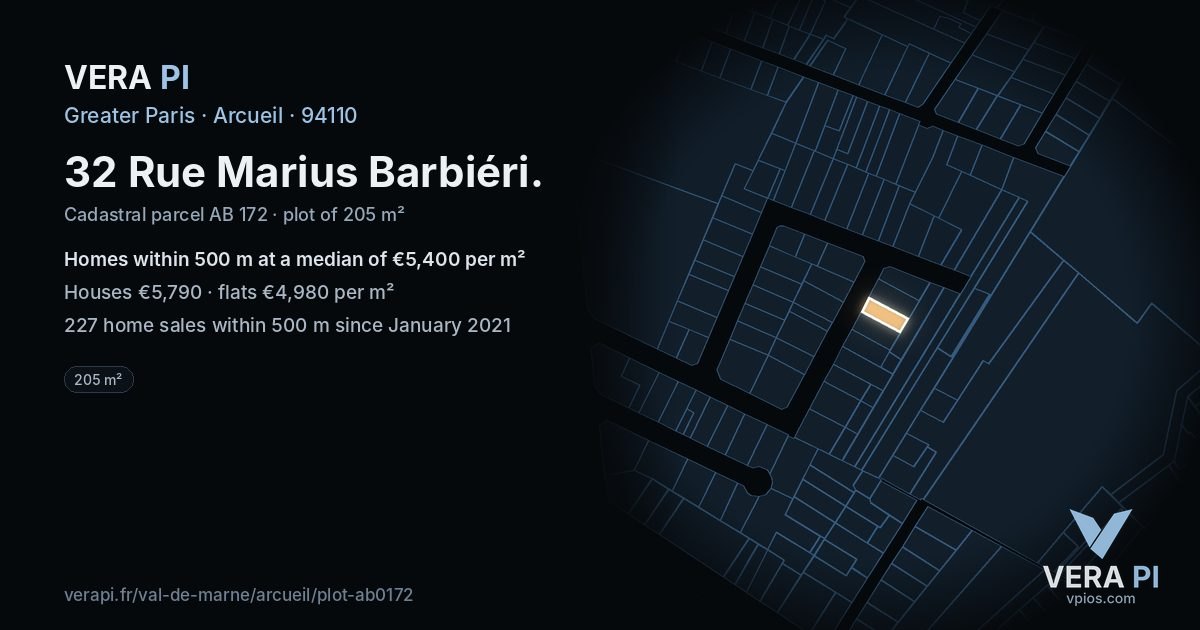 32 Rue Marius Barbiéri, Arcueil at night – the plot lit, the parcels around coloured by the prices near them
