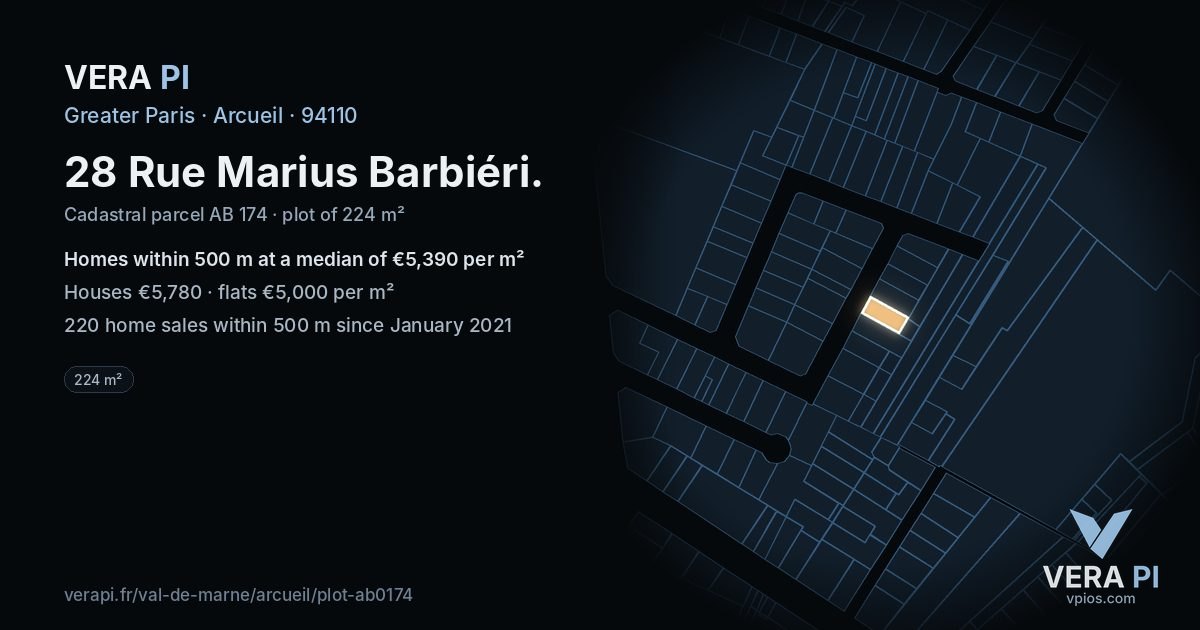 28 Rue Marius Barbiéri, Arcueil at night – the plot lit, the parcels around coloured by the prices near them