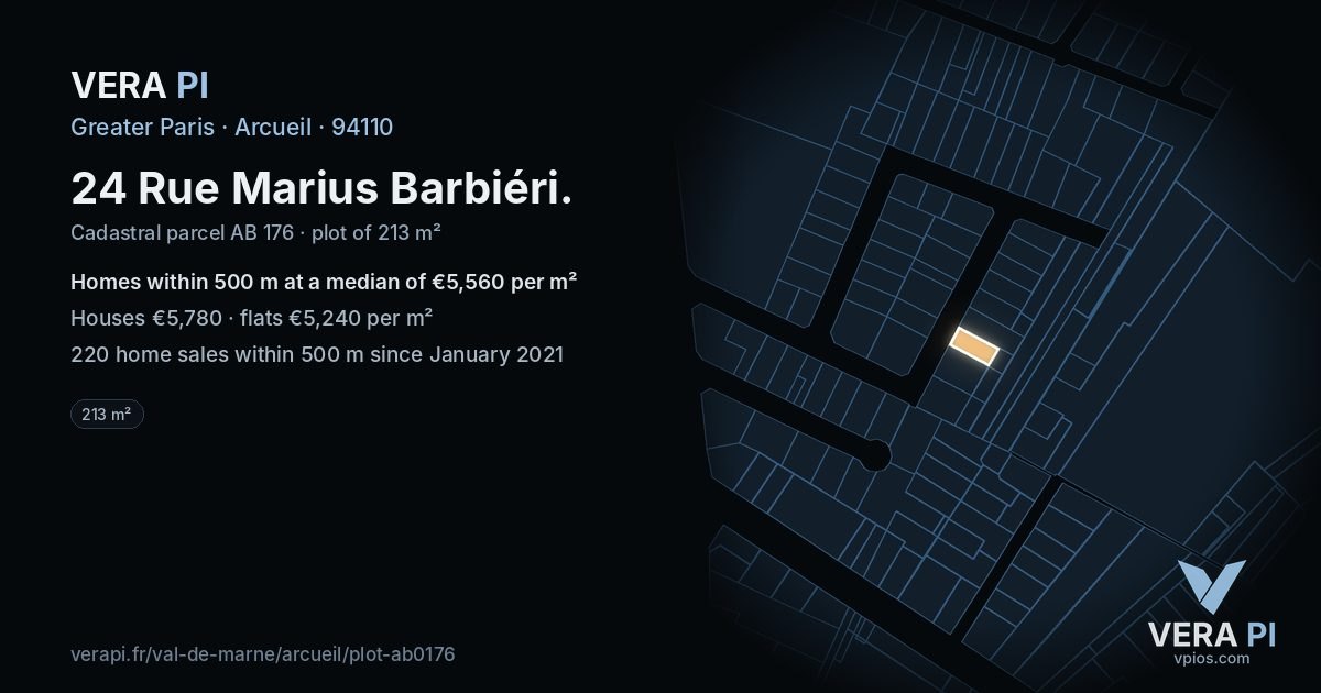24 Rue Marius Barbiéri, Arcueil at night – the plot lit, the parcels around coloured by the prices near them