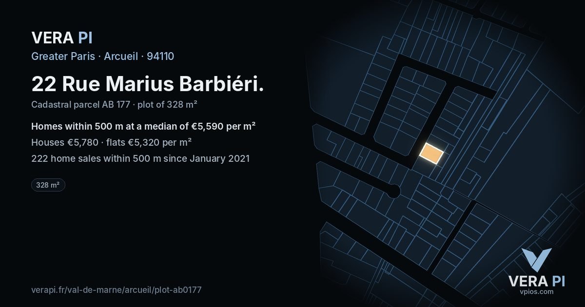 22 Rue Marius Barbiéri, Arcueil at night – the plot lit, the parcels around coloured by the prices near them