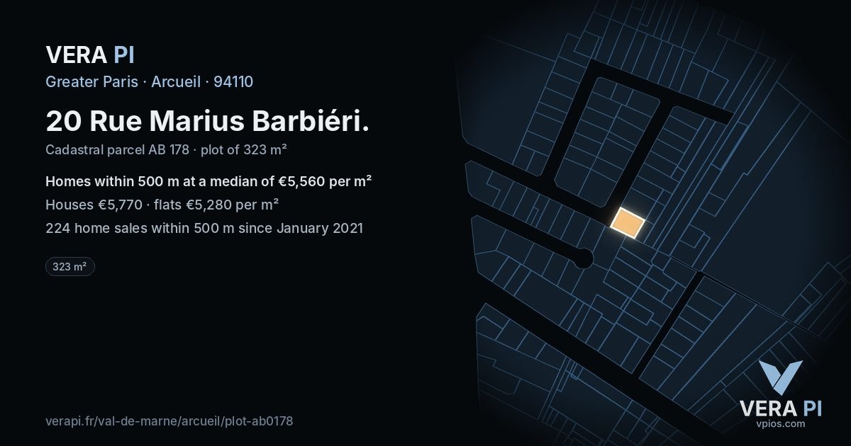 20 Rue Marius Barbiéri, Arcueil at night – the plot lit, the parcels around coloured by the prices near them