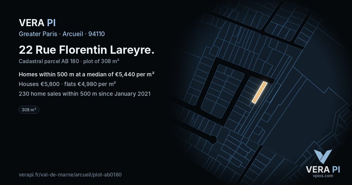 22 Rue Florentin Lareyre, Arcueil at night – the plot lit, the parcels around coloured by the prices near them
