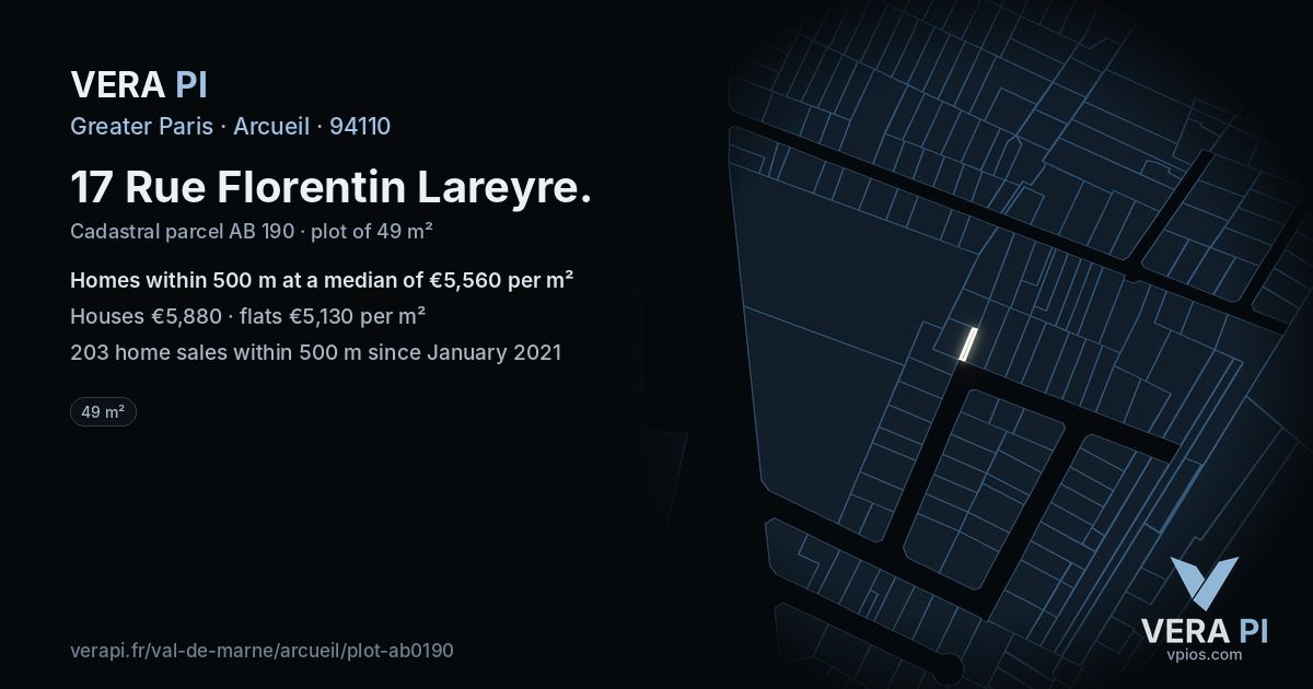 17 Rue Florentin Lareyre, Arcueil at night – the plot lit, the parcels around coloured by the prices near them