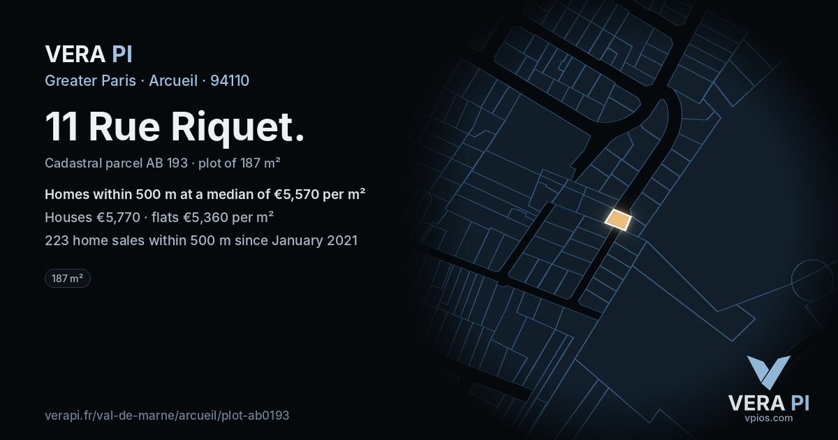 11 Rue Riquet, Arcueil at night – the plot lit, the parcels around coloured by the prices near them