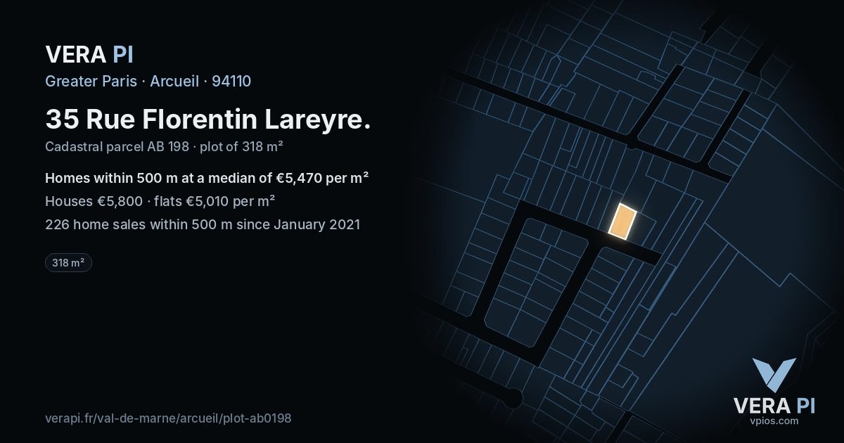 35 Rue Florentin Lareyre, Arcueil at night – the plot lit, the parcels around coloured by the prices near them