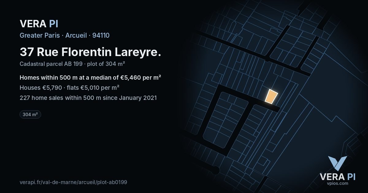 37 Rue Florentin Lareyre, Arcueil at night – the plot lit, the parcels around coloured by the prices near them