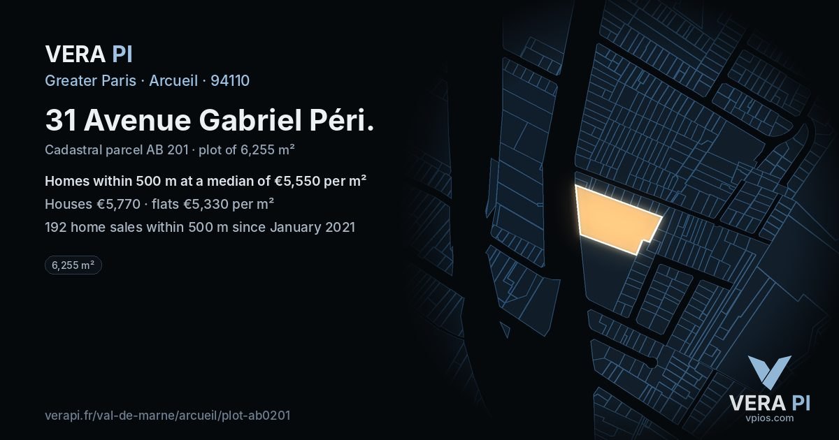 31 Avenue Gabriel Péri, Arcueil at night – the plot lit, the parcels around coloured by the prices near them