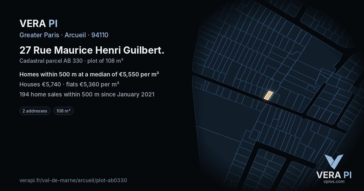 27 Rue Maurice Henri Guilbert, Arcueil at night – the plot lit, the parcels around coloured by the prices near them