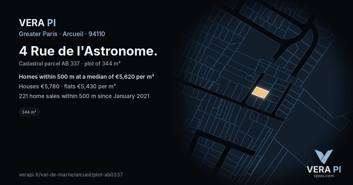 4 Rue de l'Astronome, Arcueil at night – the plot lit, the parcels around coloured by the prices near them