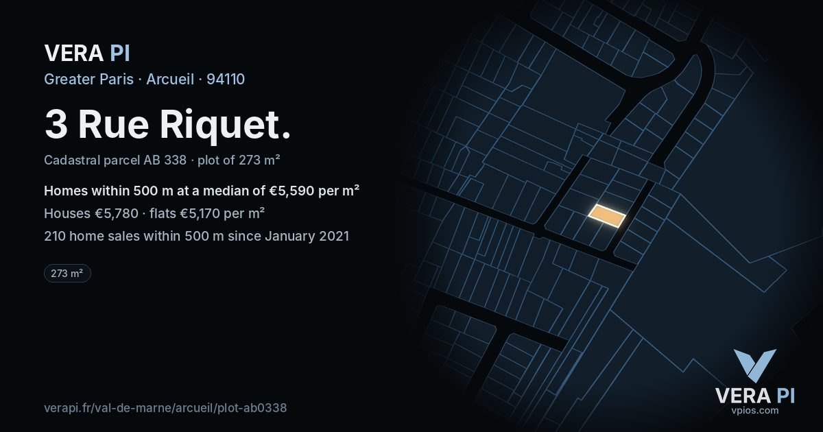 3 Rue Riquet, Arcueil at night – the plot lit, the parcels around coloured by the prices near them