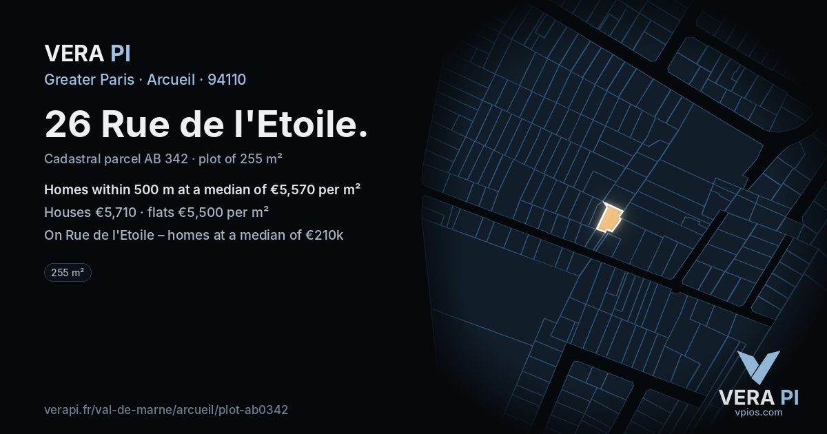 26 Rue de l'Etoile, Arcueil at night – the plot lit, the parcels around coloured by the prices near them