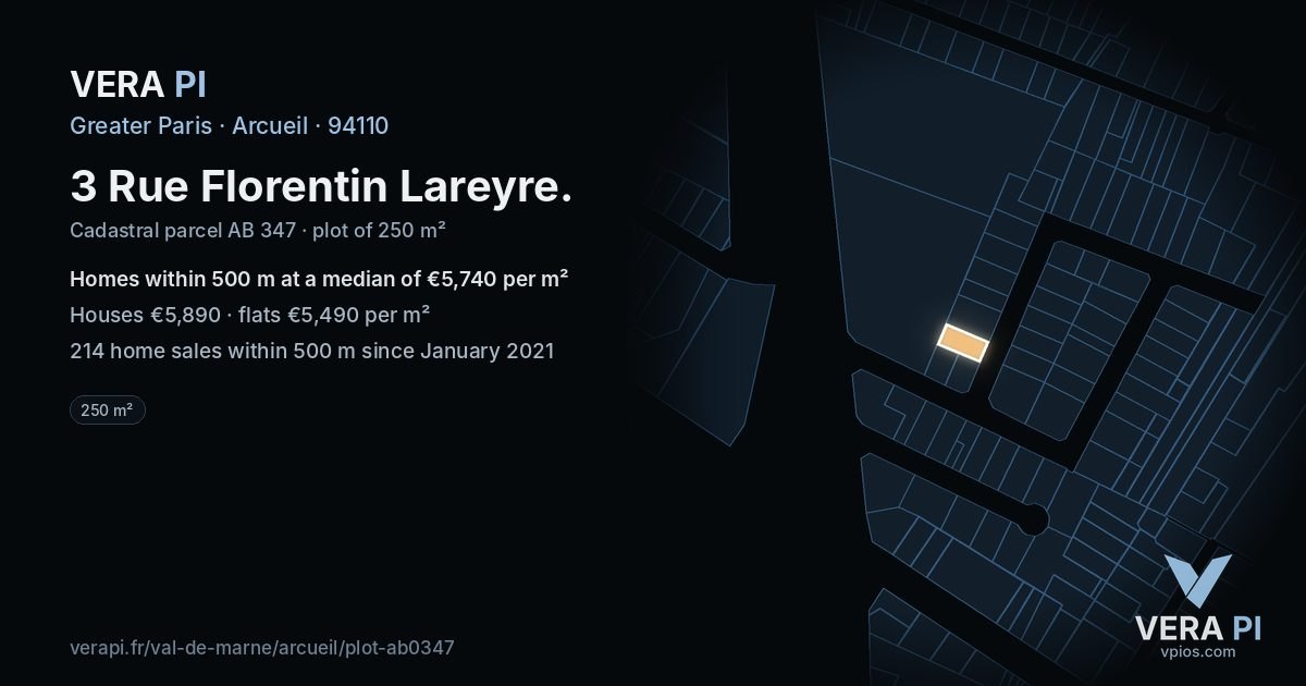 3 Rue Florentin Lareyre, Arcueil at night – the plot lit, the parcels around coloured by the prices near them